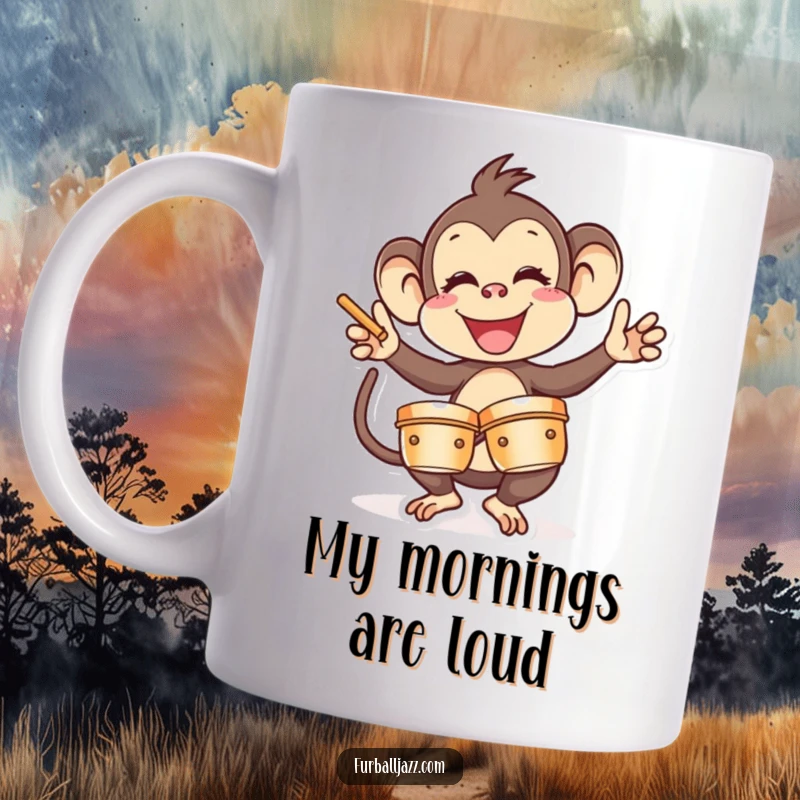 Funny Monkey Mug: A joyful primate energetically crashing cymbals with a huge grin, ready to make some noise. Perfect gift.
