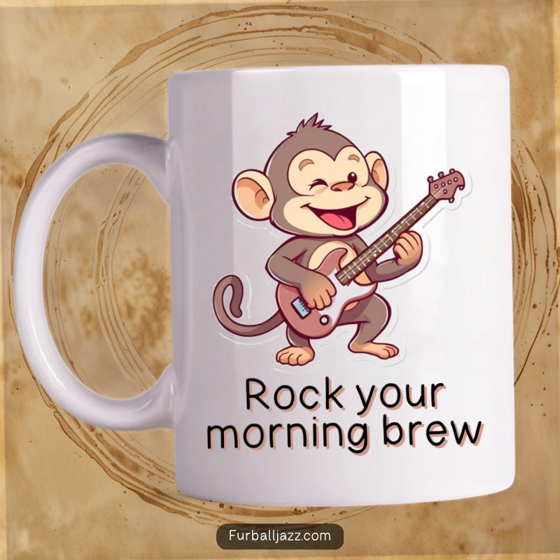Funny mischievous monkey playing an energetic guitar solo, a cool mug for rock fans and primate lovers.