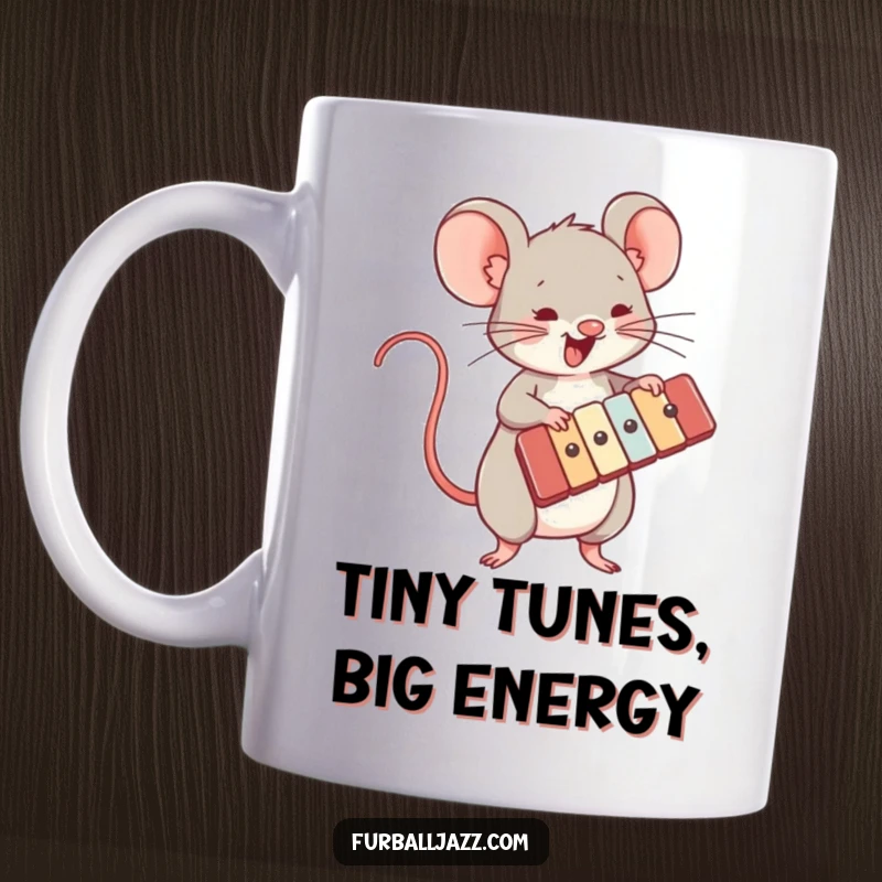 Funny mug showing a small mouse character actively and energetically playing a xylophone, radiating musical enthusiasm.