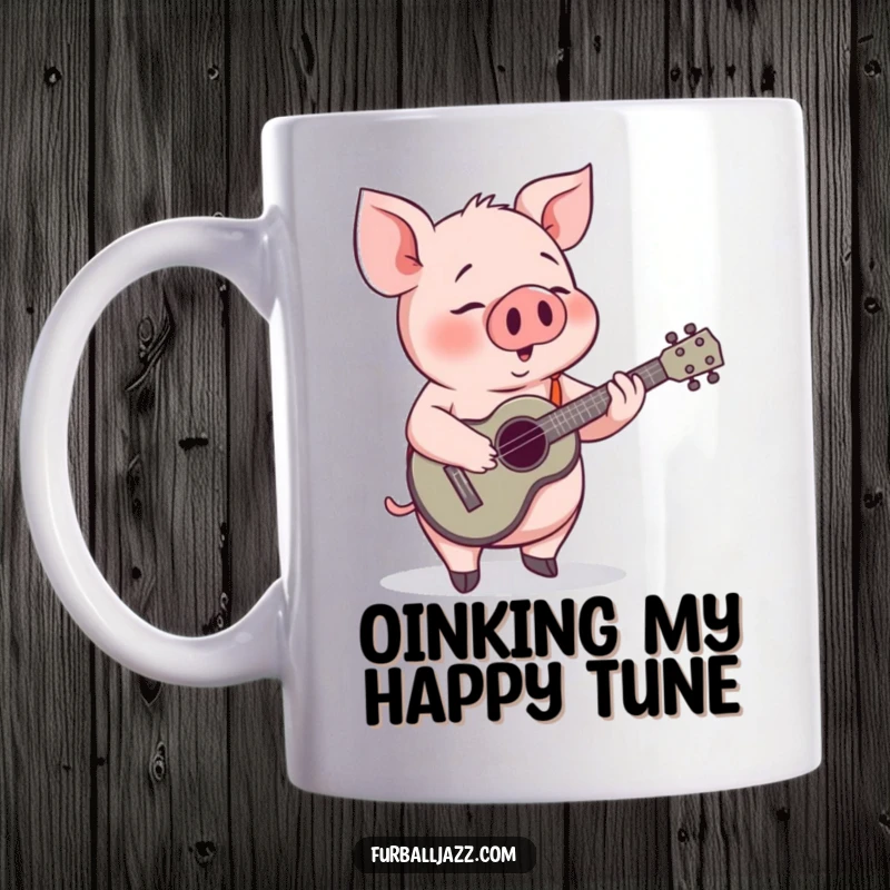Funny Pig Ukulele Mug: A cheerful pig happily playing a ukulele, radiating musical joy.