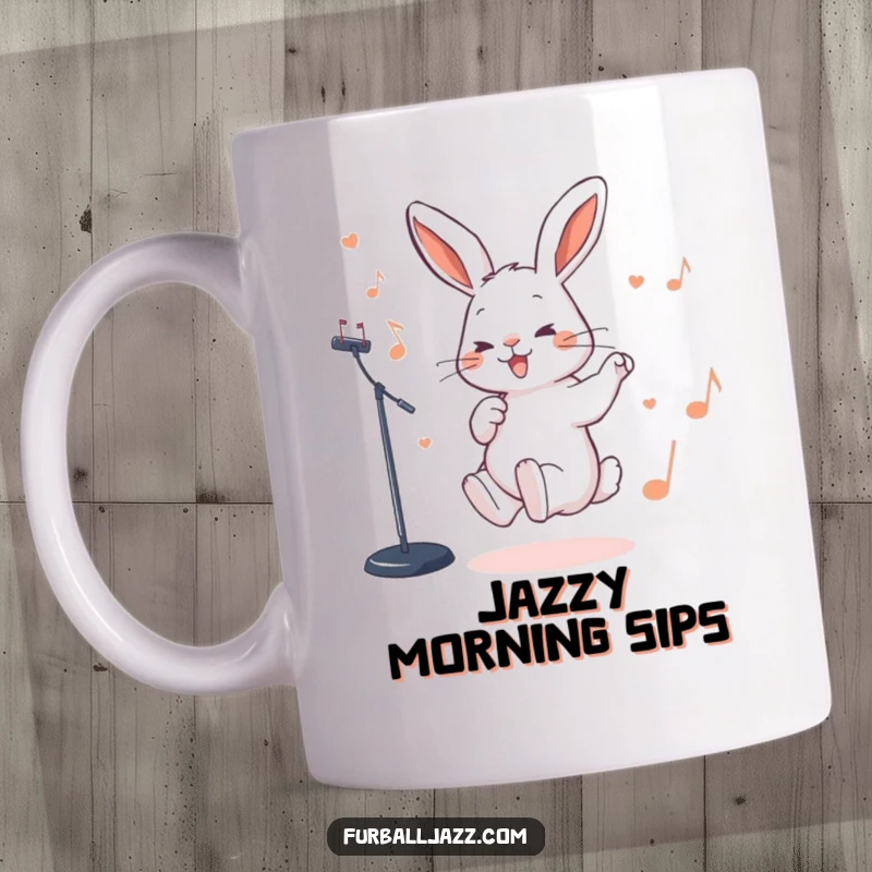 Funny Rabbit Mug of a rabbit tapping its foot rhythmically to an imaginary jazz beat, embodying musical energy.