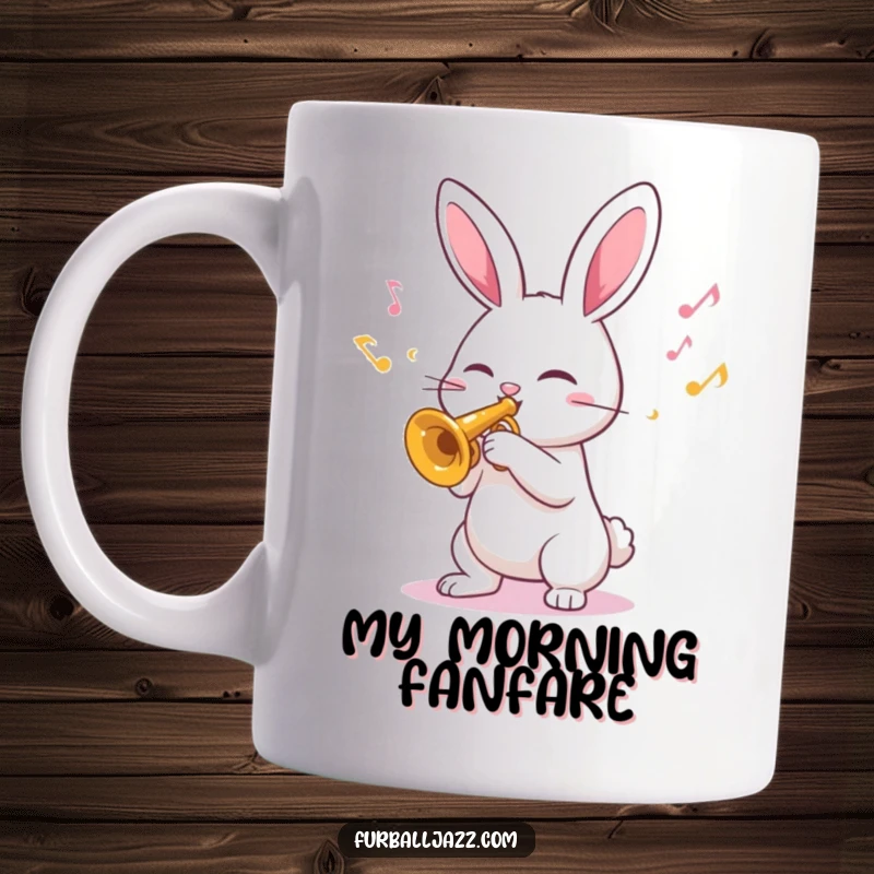 Funny Mug featuring a cheerful rabbit blowing a trumpet, emitting bright happy musical notes with a joyful expression.