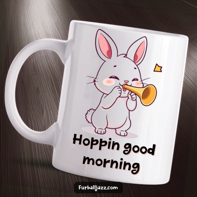 Funny rabbit mug with a cheerful rabbit enthusiastically blowing a brass trumpet, filling the air with joyous music.