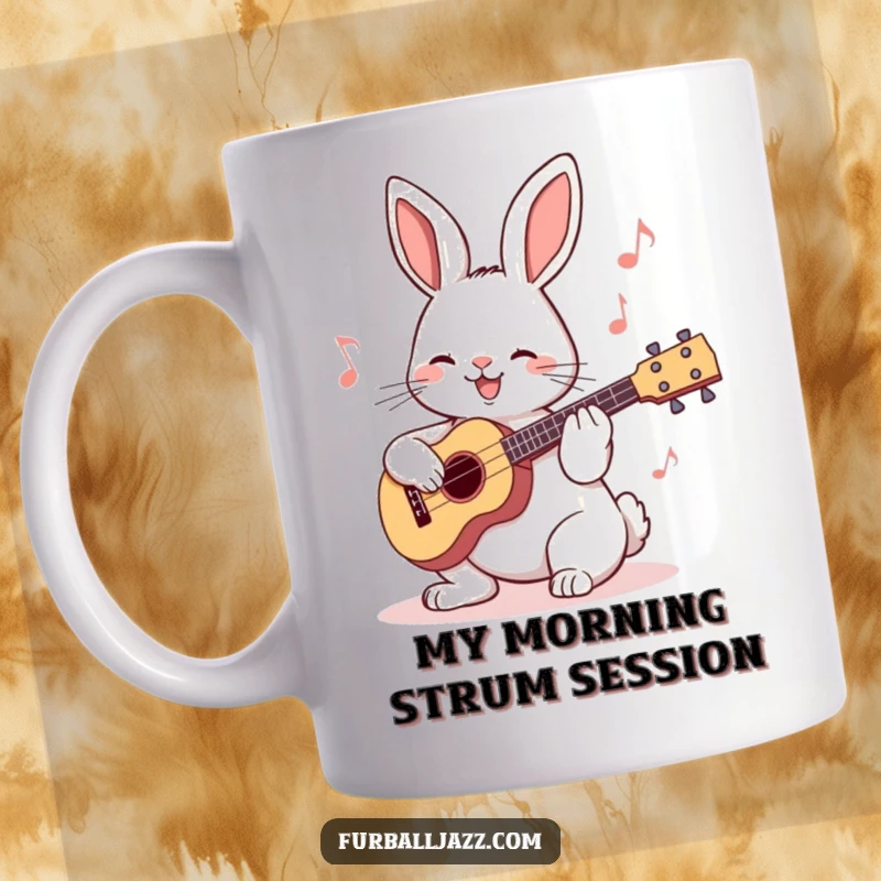 Funny Rabbit Ukulele Mug featuring a cute bunny strumming a small instrument, radiating happiness and musical talent, a great gift.