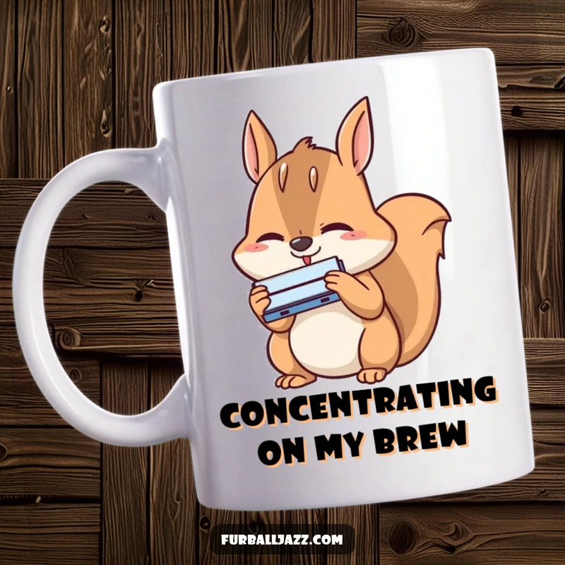 Funny squirrel mug featuring a happy squirrel intensely concentrating while playing a tiny harmonica with musical dedication.
