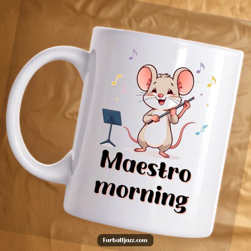 Funny happy mouse energetically conducting an imaginary orchestra with a baton, full of glee.