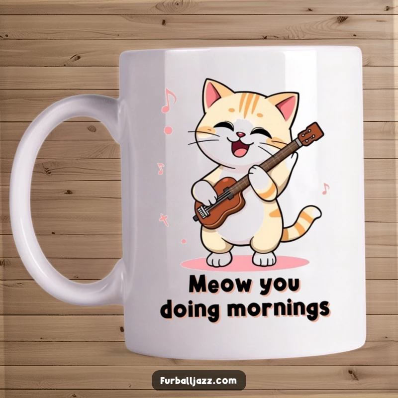 Funny cat mug featuring a cool cat character enthusiastically tapping its paws to a jazz rhythm, exuding musical charm.