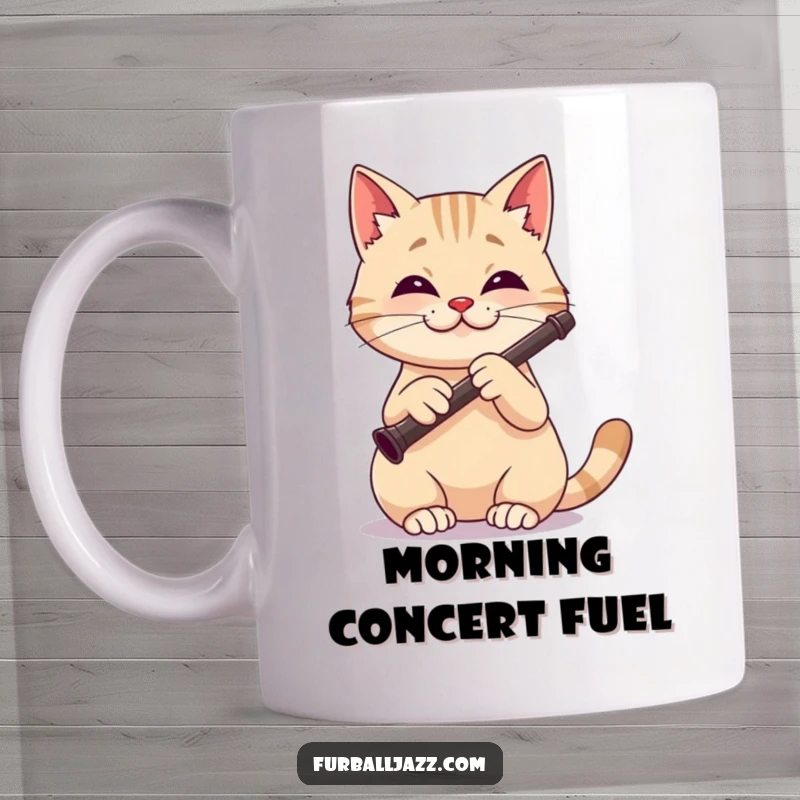 Funny cat mug showing a focused and happy cat character playing a clarinet with musical flair.