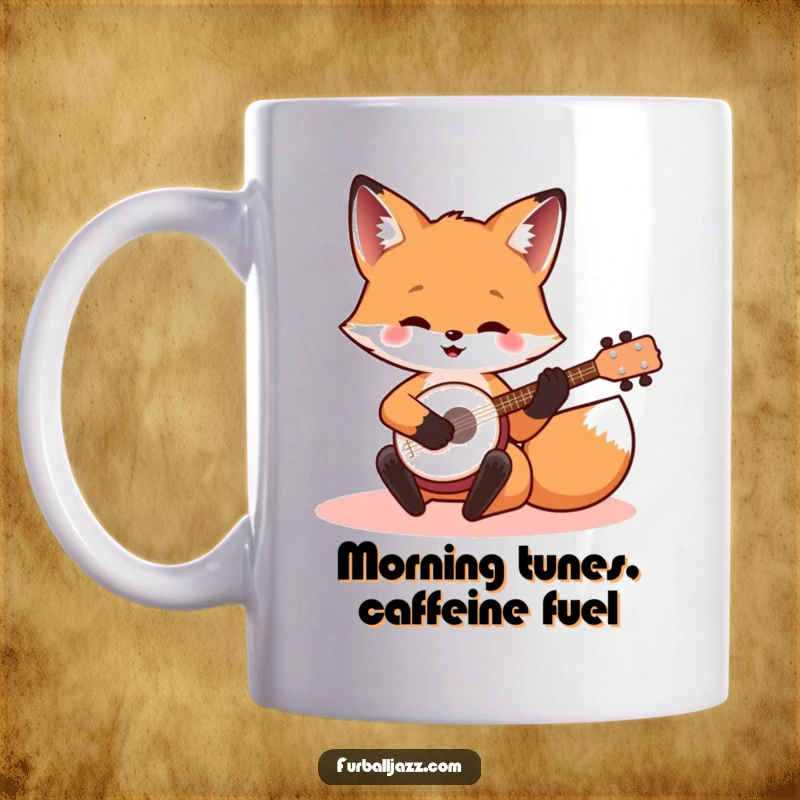 Funny banjo fox mug featuring a happy fox cheerfully strumming a tiny banjo, perfect for music lovers and animal fans.