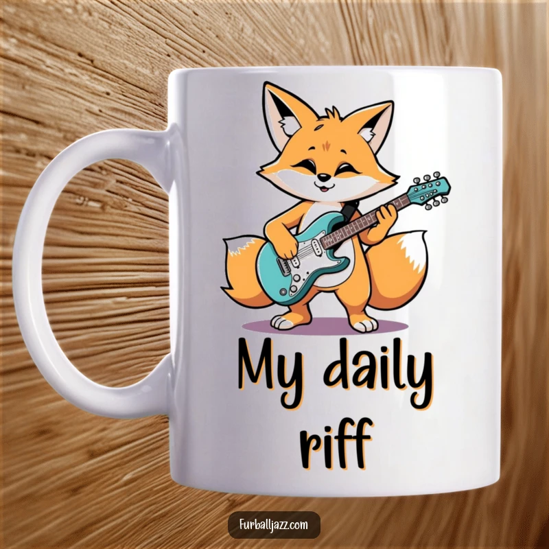 Funny fox character grooving and playing an electric guitar with cool style, a humorous gift mug.