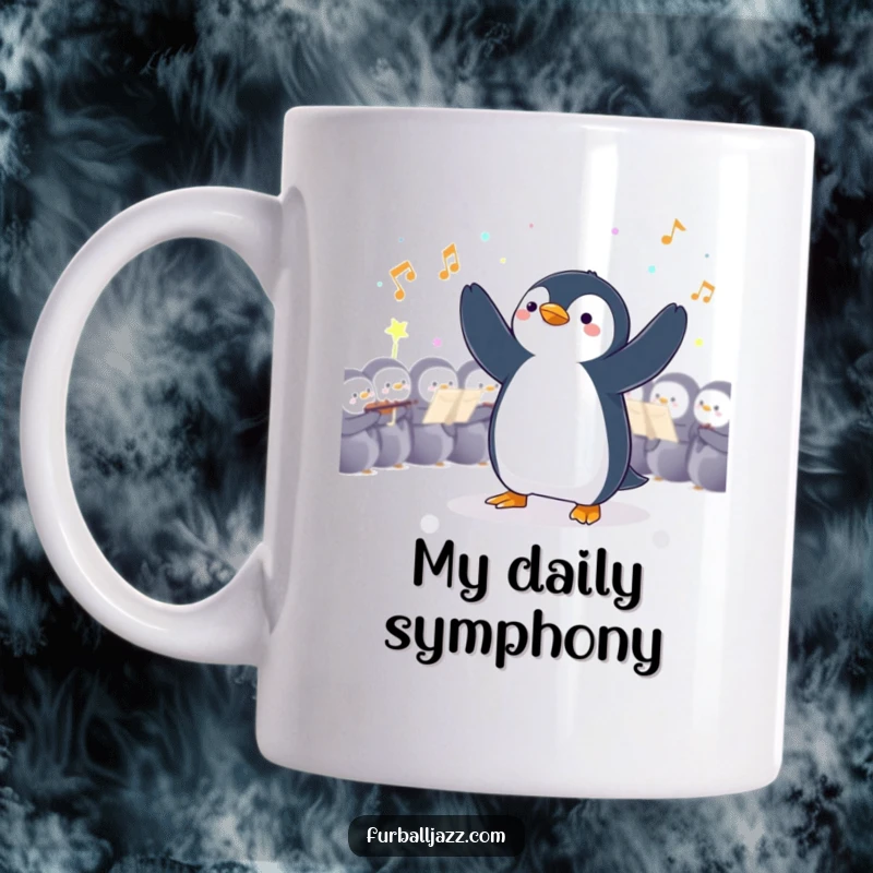 Funny Penguin Conductor Mug: A dapper penguin energetically leading an invisible orchestra with a baton.