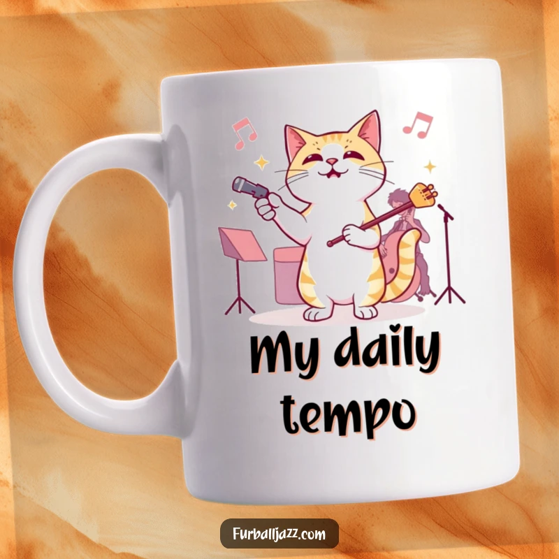 Funny Cat Jazz Conductor Mug, showing a cat joyfully leading an invisible jazz orchestra with dramatic flair, capturing a moment of feline musical passion.