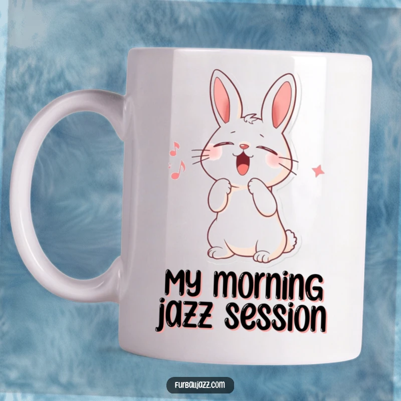Funny mug featuring a joyful rabbit character singing scat with eyes closed and paw raised in a musical moment of pure bliss.