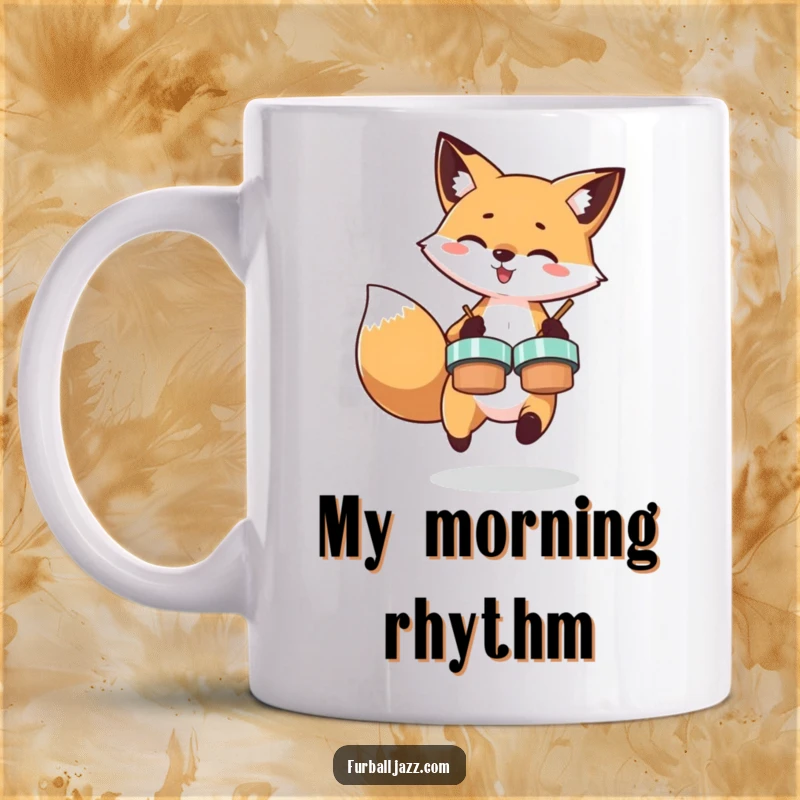Funny mug featuring an energetic fox enthusiastically playing cymbals, creating a comical scene of wild percussion and morning chaos.