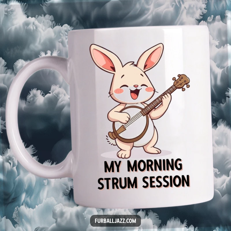 Funny Rabbit Mug: A cheerful rabbit joyfully strumming a banjo with a happy bounce and musical notes.