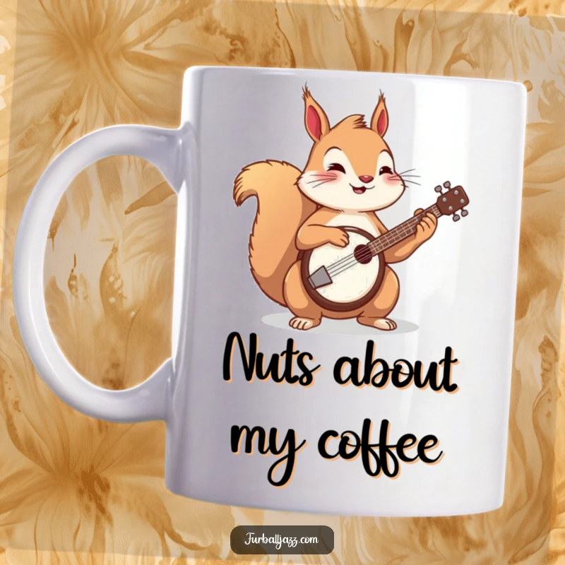 Funny squirrel energetically playing a banjo on a mug, a humorous depiction of a talented woodland creature.