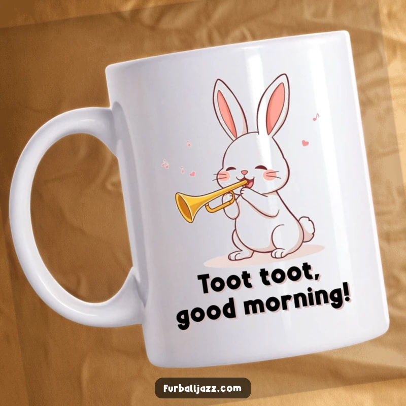 Funny Rabbit Trumpet Mug showing a cheerful rabbit blowing a tune on a trumpet, ready to make some noise.