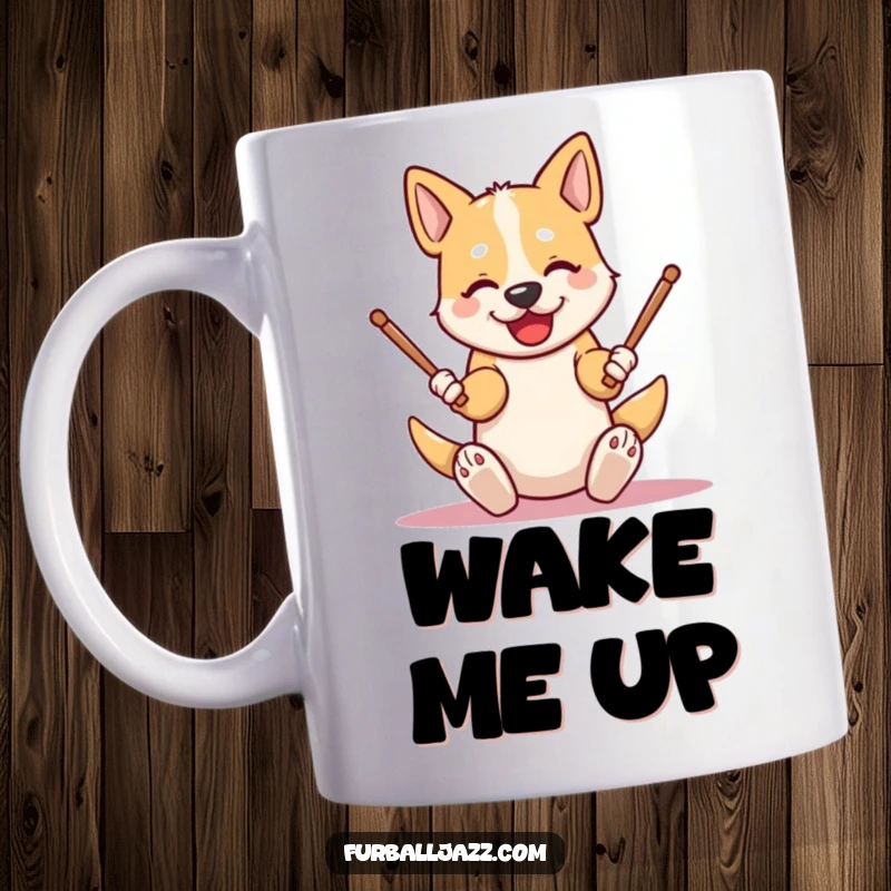 Funny dog mug featuring an energetic character enthusiastically tapping drumsticks on its knees, exuding musical passion and canine fun.