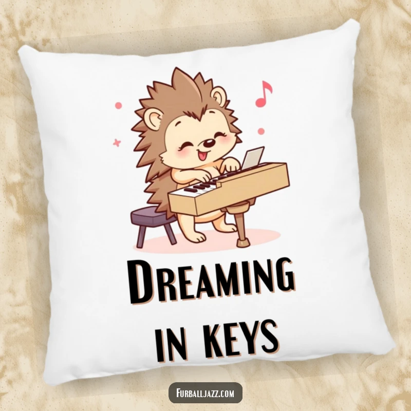 Funny Hedgehog Pillow: A smiling hedgehog playing a piano with joyful abandon, bringing cozy comfort and musical whimsy. Great funny gift.