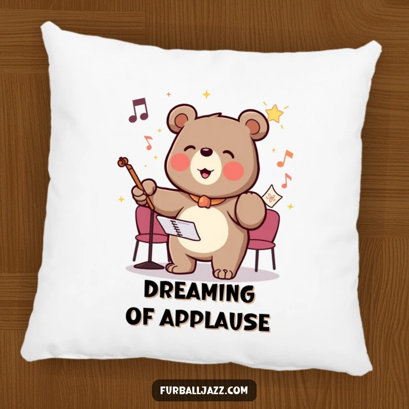 Funny pillow featuring a bear conducting an invisible orchestra with glee, designed to add comfort and a dramatic flair.