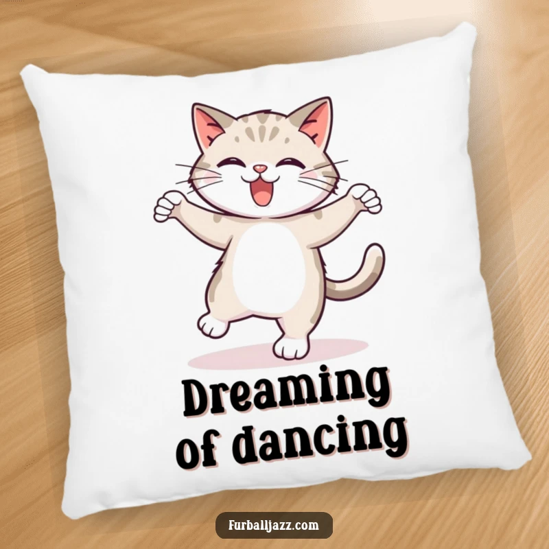 Funny tap dancing cat pillow, illustrating a cat energetically tap dancing with a bouncy rhythm, offering comfort and a dose of humor.
