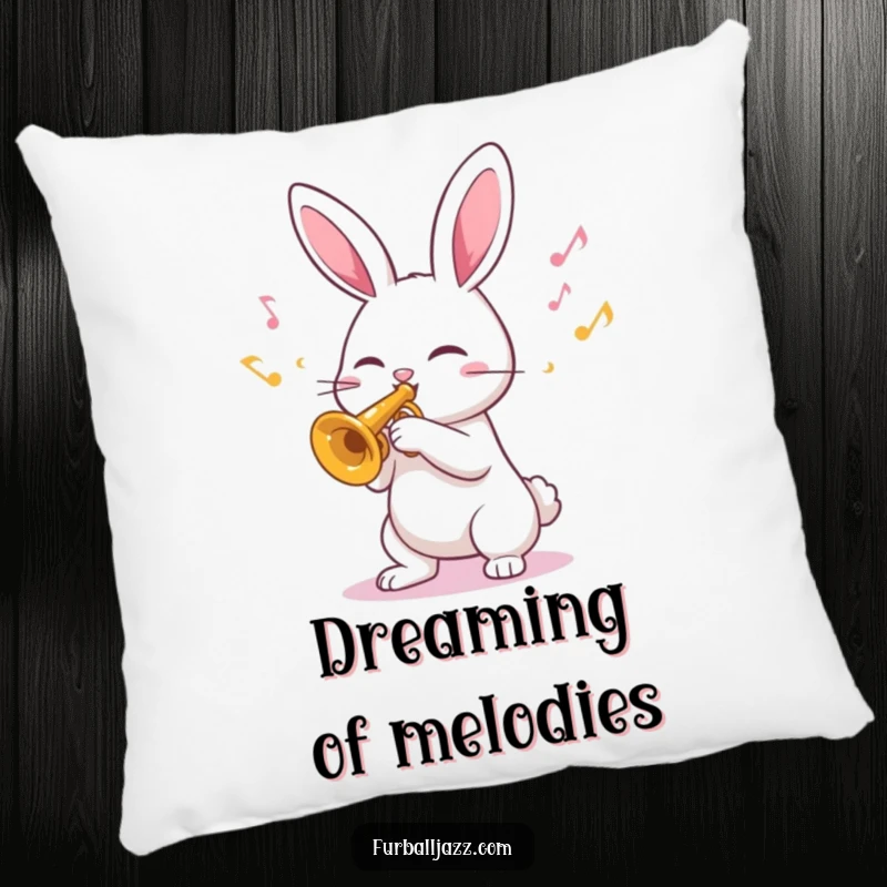 Funny Pillow featuring an adorable rabbit playing a trumpet, exuding pure joy with colorful, happy musical notes.