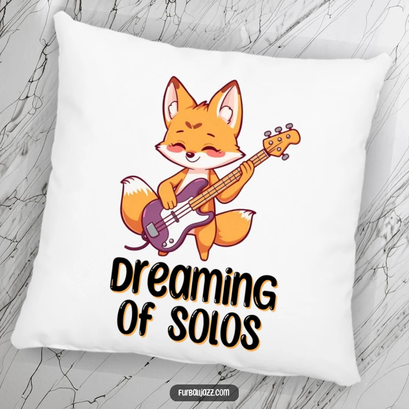 Funny fox pillow featuring a playful fox rocking out on a bass guitar, adding comfort and style.
