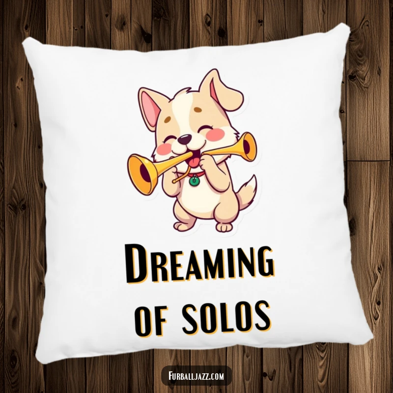 Funny dog character playing a trumpet with puffed cheeks, a soft and funny pillow.