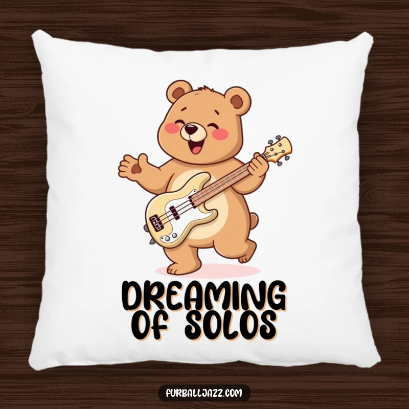 Funny Bear Pillow with a bear doing a happy jig while playing a bass guitar, perfect for adding cozy musical charm.