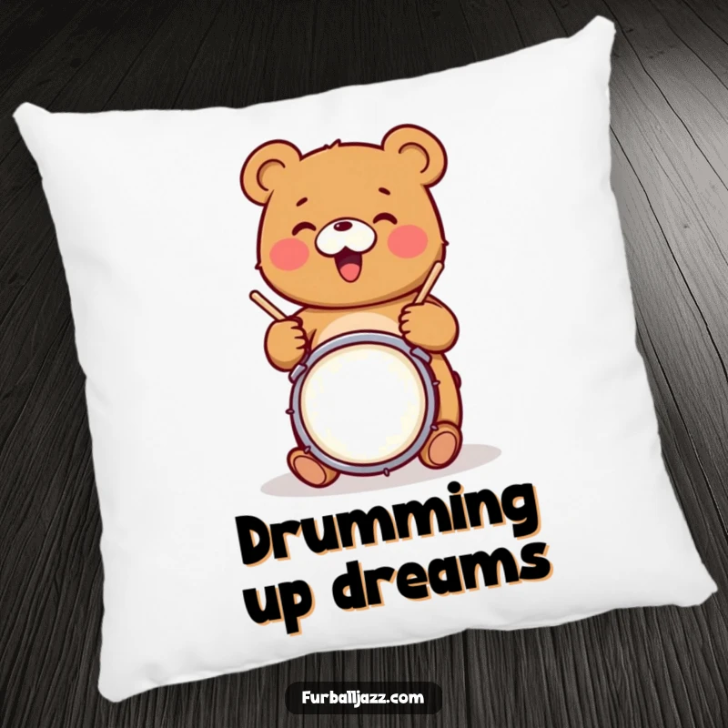 Funny bear character joyfully drumming on a snare drum, bringing musical vibes to a soft, decorative, funny pillow.