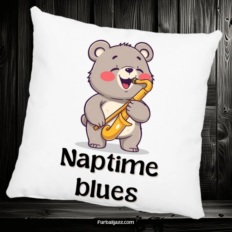 Funny bear pillow featuring a joyful bear playing a saxophone with a bluesy expression, providing soft comfort with a cool musical theme.