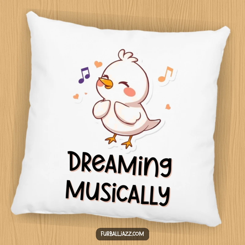 Funny Bird Pillow showcasing a happy bird character fluting a cheerful melody, offering decorative comfort and a touch of musical humor.