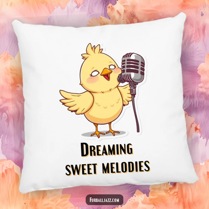 Funny pillow featuring a whimsical bird singing into a vintage microphone, designed to add comfort and a musical vibe.