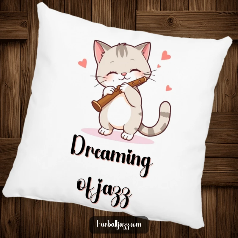 Funny Cat Pillow: A relaxed cat playing a clarinet with musicality, adding cozy, jazzy decor and humor. Great funny gift.