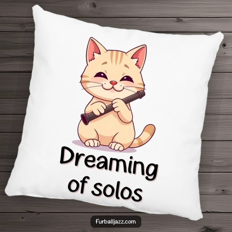 Funny cat pillow with a focused and happy cat playing a clarinet with a pleasant expression.