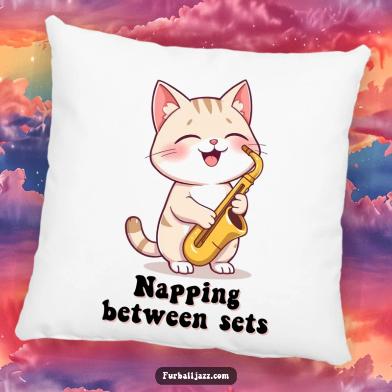 Funny Cat Saxophone Pillow featuring a joyful cat playing a saxophone, designed for ultimate comfort and a touch of cool jazz style.