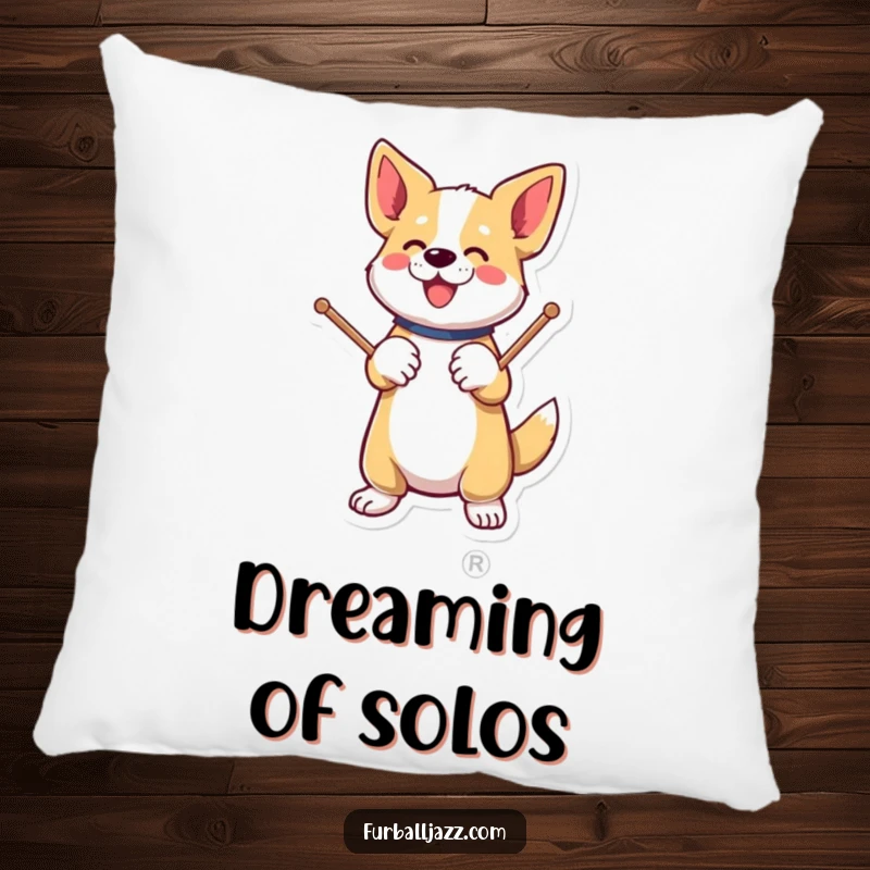 Funny dog energetically tapping drumsticks on a paw on a soft pillow.