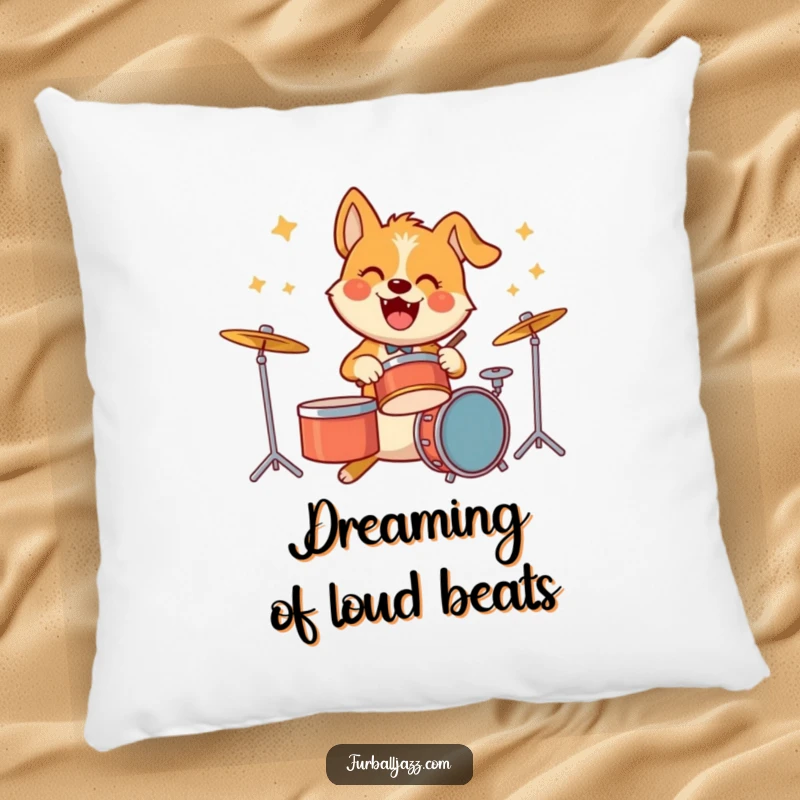 Funny pillow featuring a happy dog character playing drums with energetic gusto, bringing a cozy musical vibe.