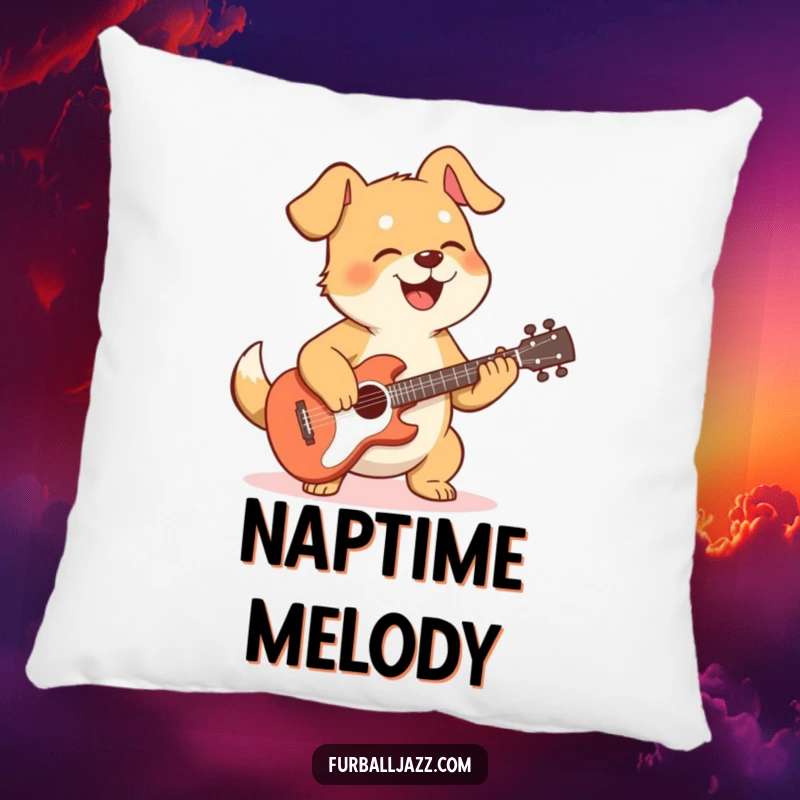 Funny dog pillow with a happy dog strumming a guitar, offering comfort and a dose of musical humor.