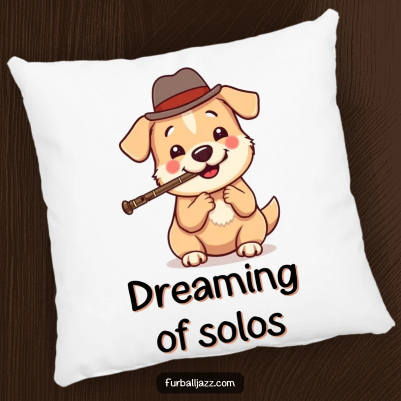 Funny dog jazz pillow with a design of a round, happy dog in a fedora, playing a clarinet, bringing cozy musical sophistication.