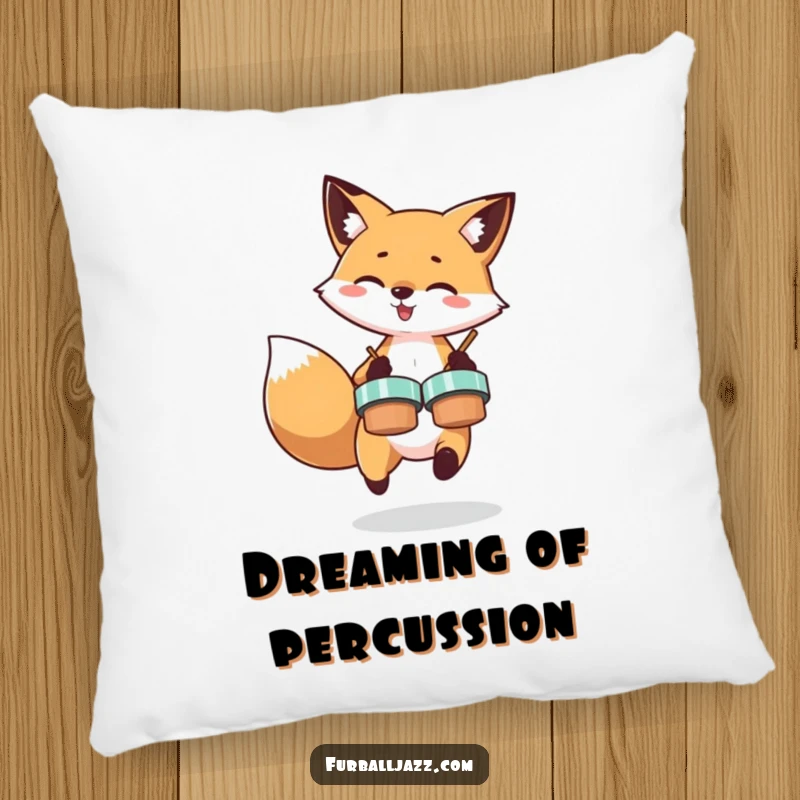 Funny pillow featuring a joyful fox crashing cymbals, offering a cozy and comical addition to any room's decor.