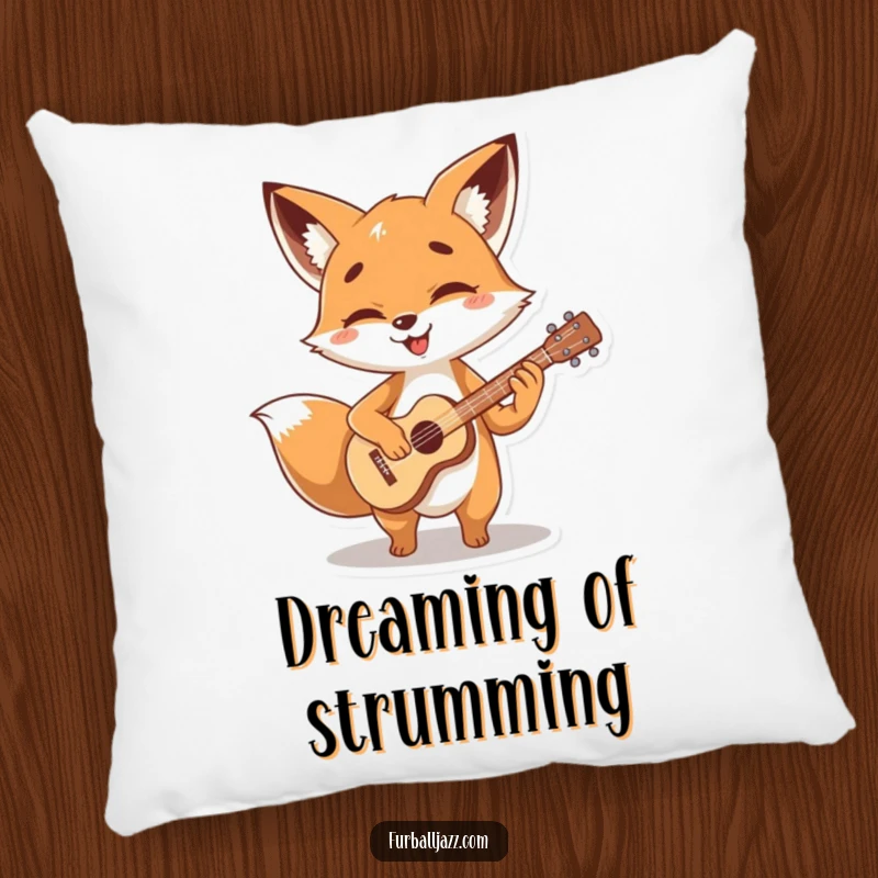 Funny fox character strumming a tiny, stylized guitar with glee, bringing musical vibes to a soft, funny pillow.