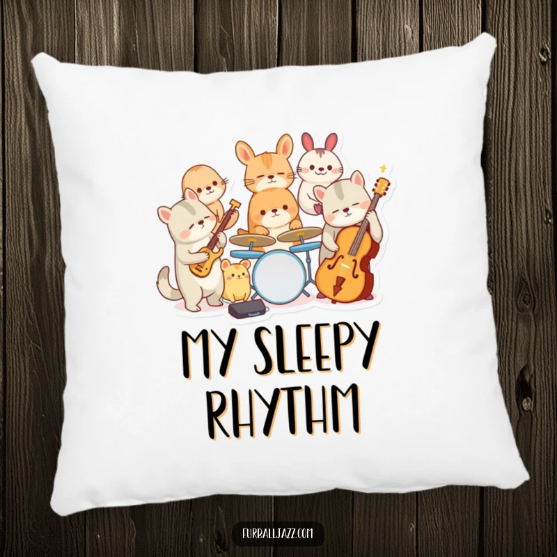 Funny pillow showcasing a delightful group of animal musicians playing jazz instruments, creating a fun and cozy atmosphere.