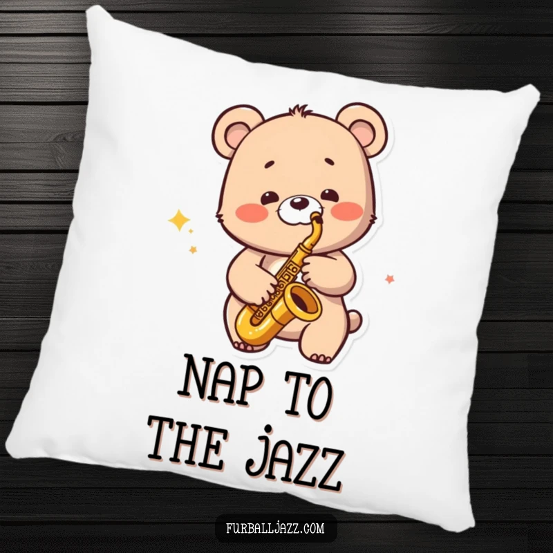 Funny Jazzy Bear Pillow: A bear character playing a saxophone with a wide smile, offering soft, humorous comfort.