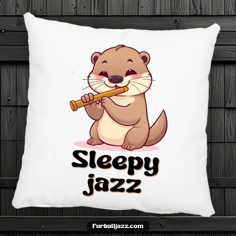 Funny otter playing a jazz flute on a decorative pillow, offering comfort and musical humor.