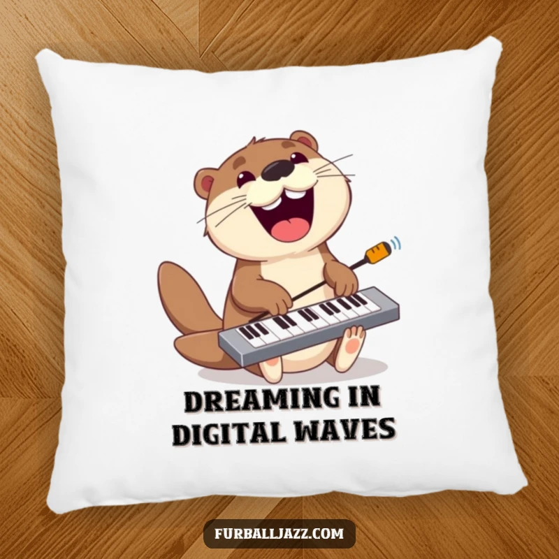 Funny otter pillow showing a playful otter jamming on a keyboard with a wide grin, adding musical charm to any room.