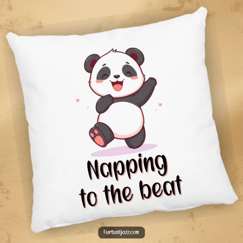 Funny panda tapping its foot on a soft pillow, a humorous and comfortable home decor item.