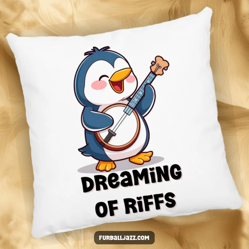 Funny penguin character playing a banjo, designed as a soft and humorous pillow for any seating area.