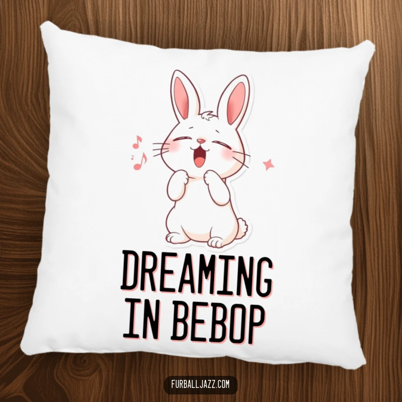 Funny pillow showcasing a content rabbit character singing scat, eyes closed, paw raised, radiating peace and musical delight.