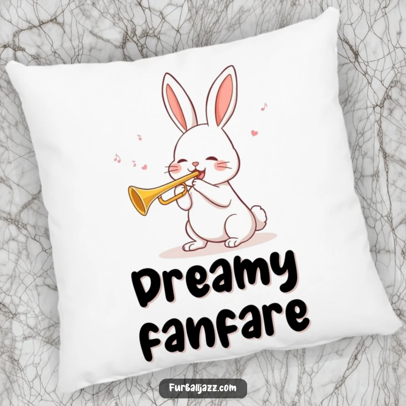Funny Rabbit Trumpet Pillow depicting a cheerful rabbit blowing a tune on a trumpet, a soft and stylish accent for any room.
